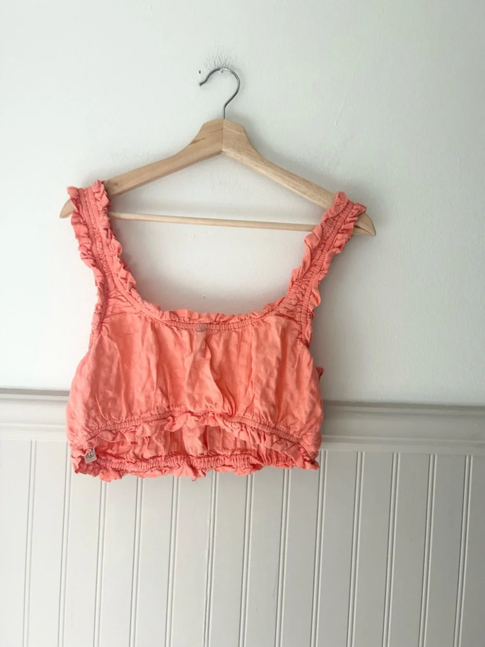 Anthropologie Medium Coral Ruched Ruffle Crop Top Sleeveless Tie Front - Picture 5 of 8